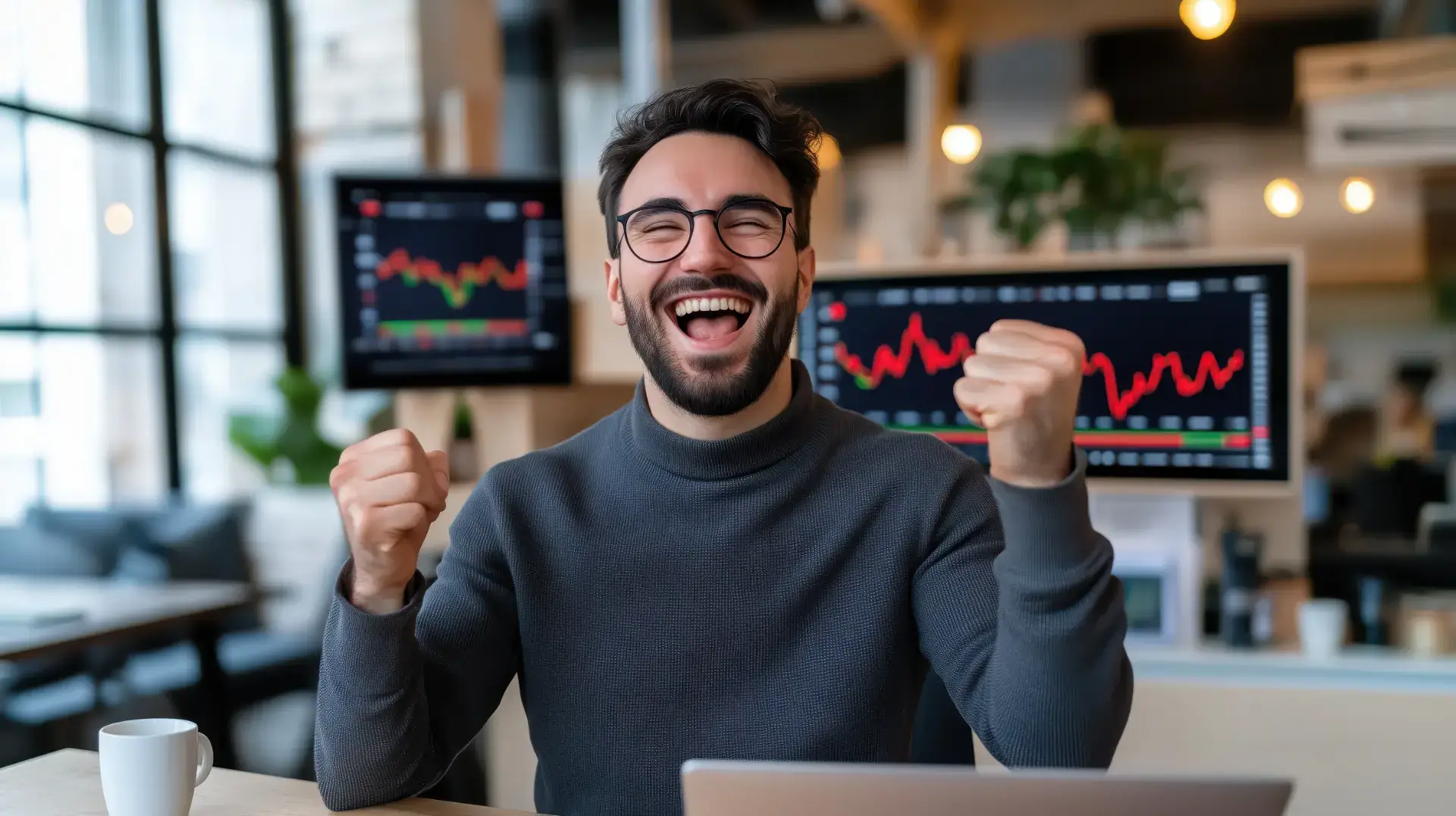 Trader learning market analysis at a desk with charting screens